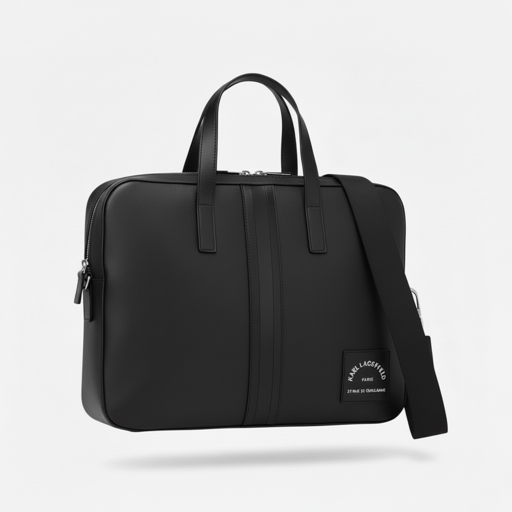 Karl Lagerfeld Black Leather Laptop Bag – Minimal Stripe Briefcase 💻🖤