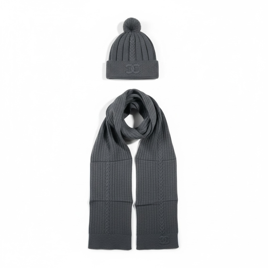 🖤 Chanel Knit Beanie & Scarf Set | Grey Wool Winter Collection