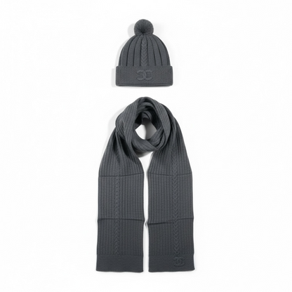 🖤 Chanel Knit Beanie & Scarf Set | Grey Wool Winter Collection