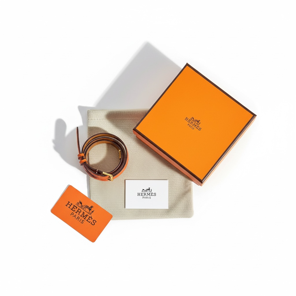 Hermès Double Tour Leather Bracelet – Orange with Gold H Buckle 🧡✨95cm