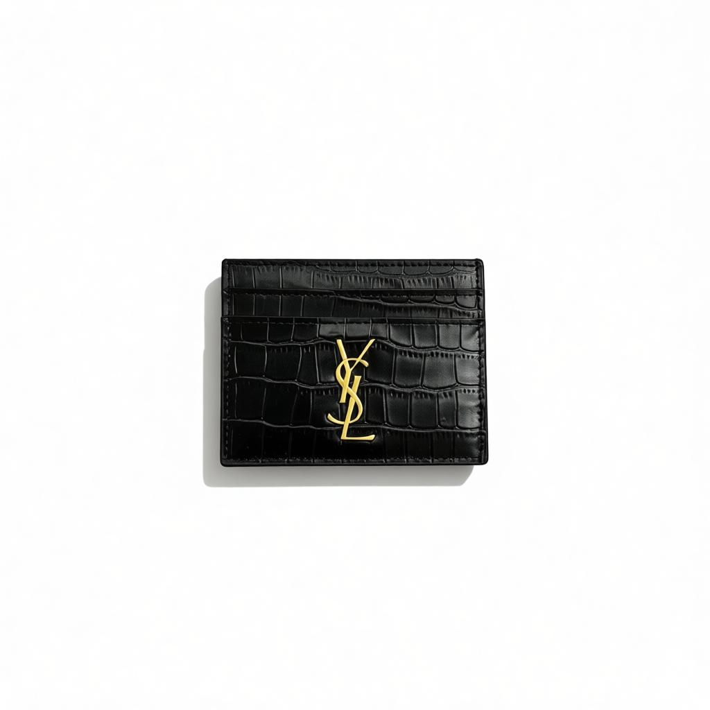 Saint Laurent Black Croc-Embossed Card Holder with Gold YSL Logo 🖤✨