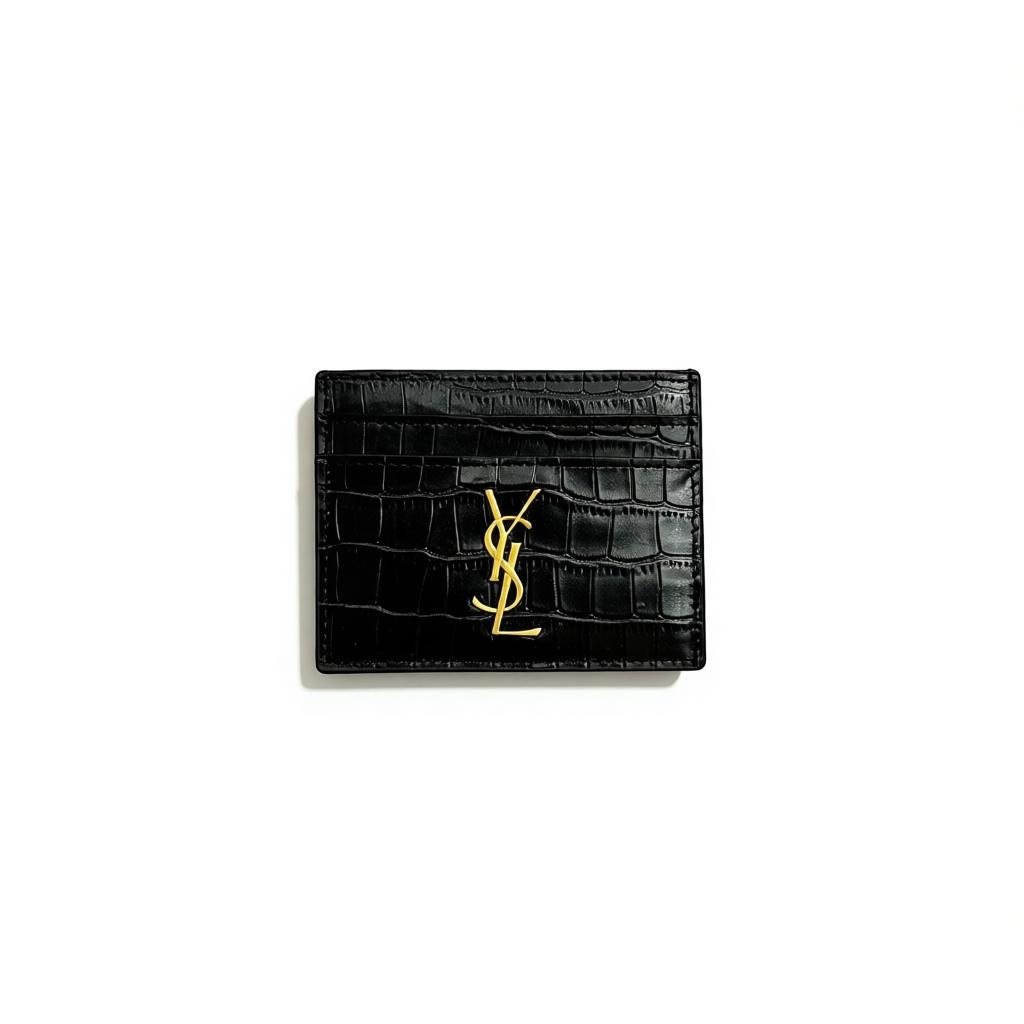 Saint Laurent Black Croc-Embossed Card Holder with Gold YSL Logo 🖤✨