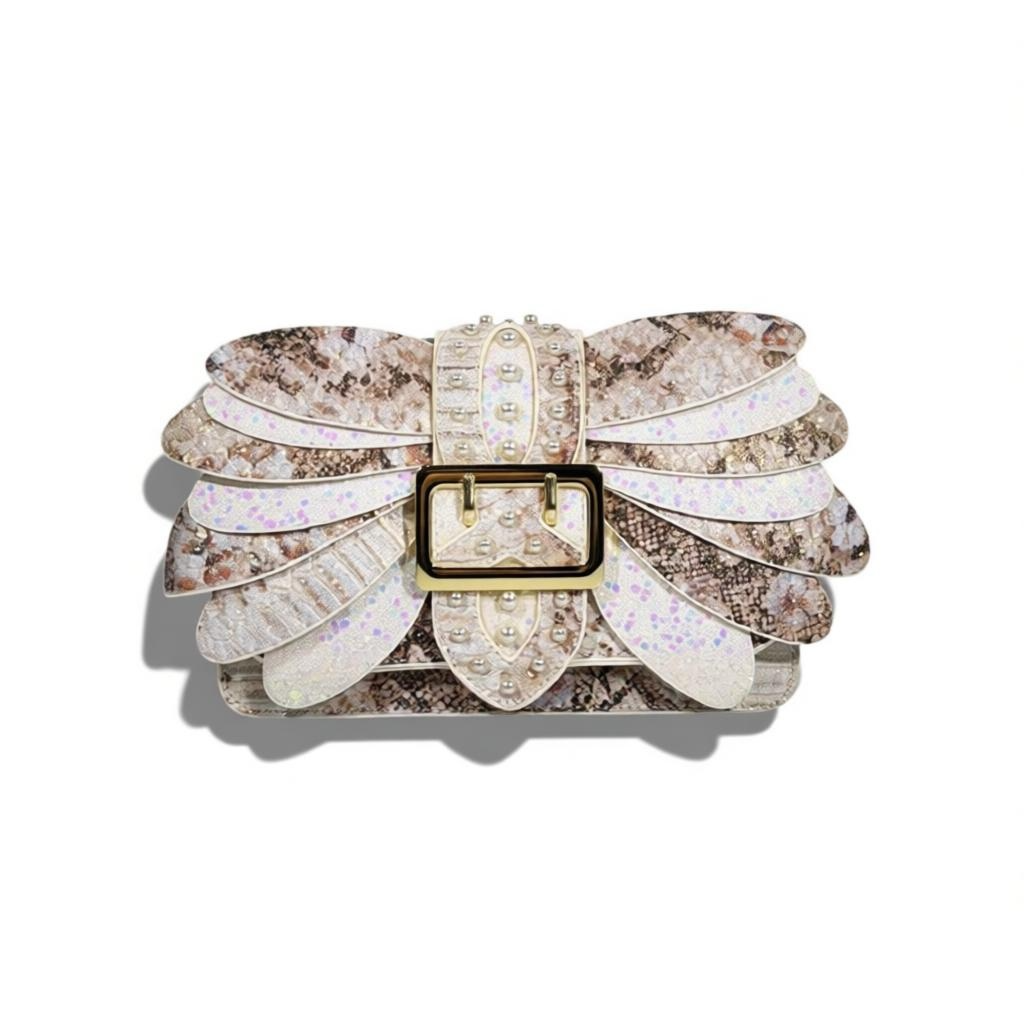 Ivory Glitter Bow Clutch Bag | Pearl Detail Elegant Evening Handbag 🎀✨