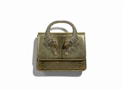 👜 Roberto Cavalli Gold Snake-Effect Top Handle Bag with Tiger Head Handle