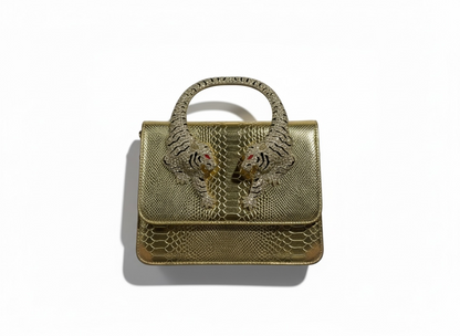 👜 Roberto Cavalli Gold Snake-Effect Top Handle Bag with Tiger Head Handle