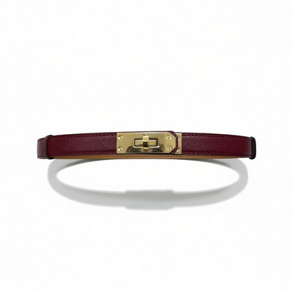 Hermès Burgundy Slim Leather Belt with Gold Kelly Lock Buckle ✨🍷