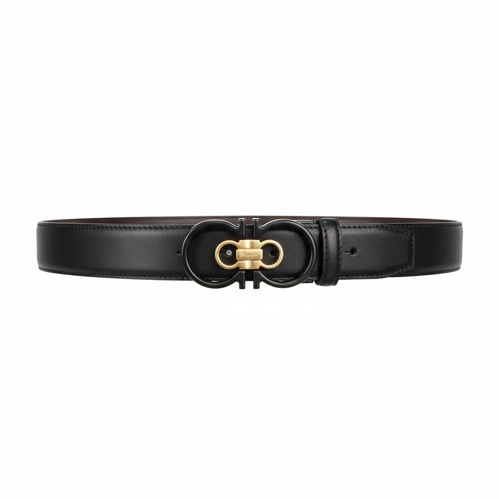 Salvatore Ferragamo Double Gancini Leather Belt 125cm 🖤 | Black & Gold Signature