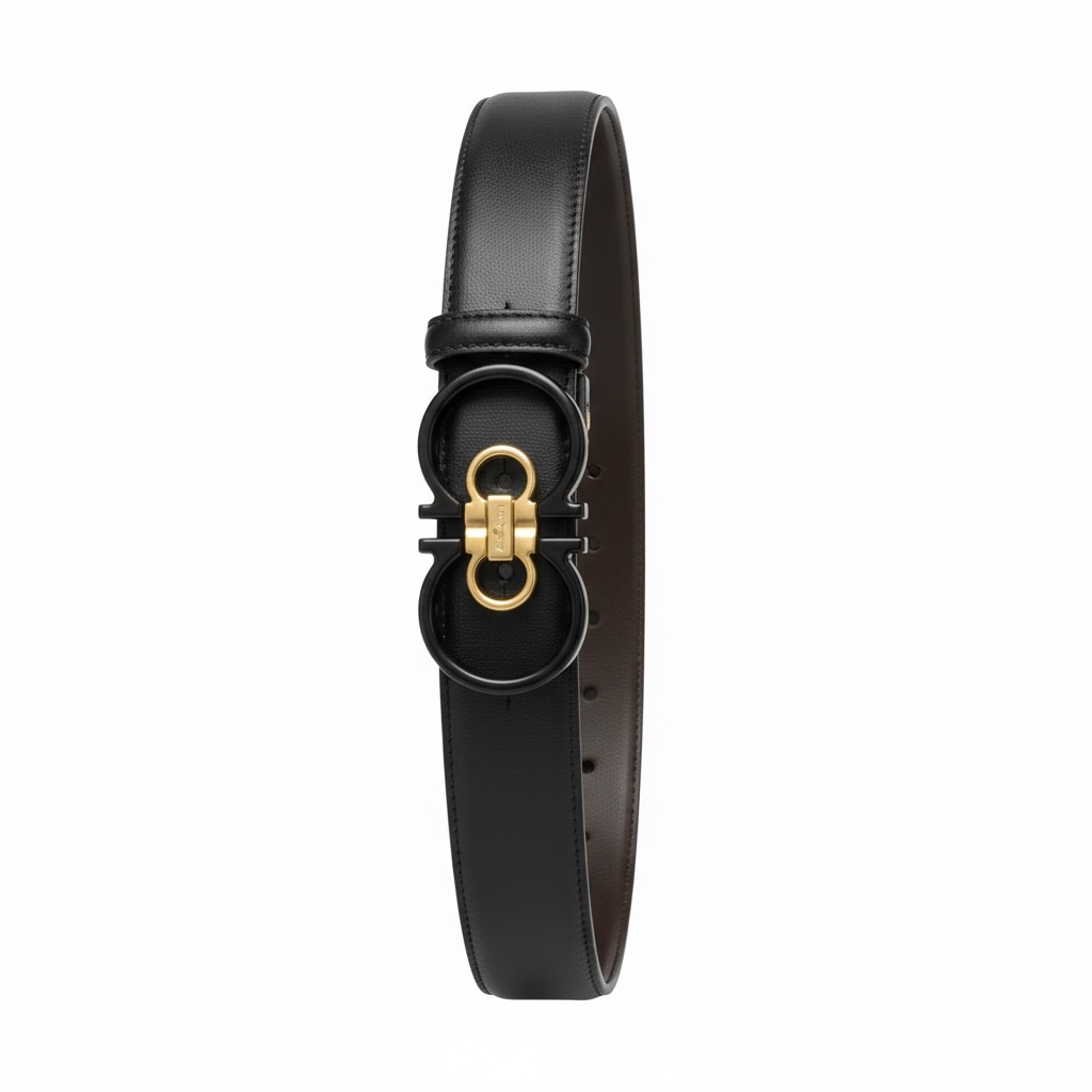 Salvatore Ferragamo Double Gancini Leather Belt 125cm 🖤 | Black & Gold Signature