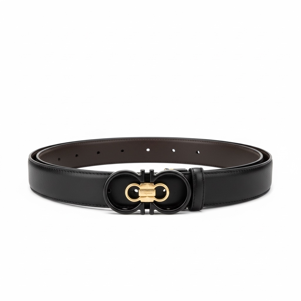 Salvatore Ferragamo Double Gancini Leather Belt 125cm 🖤 | Black & Gold Signature