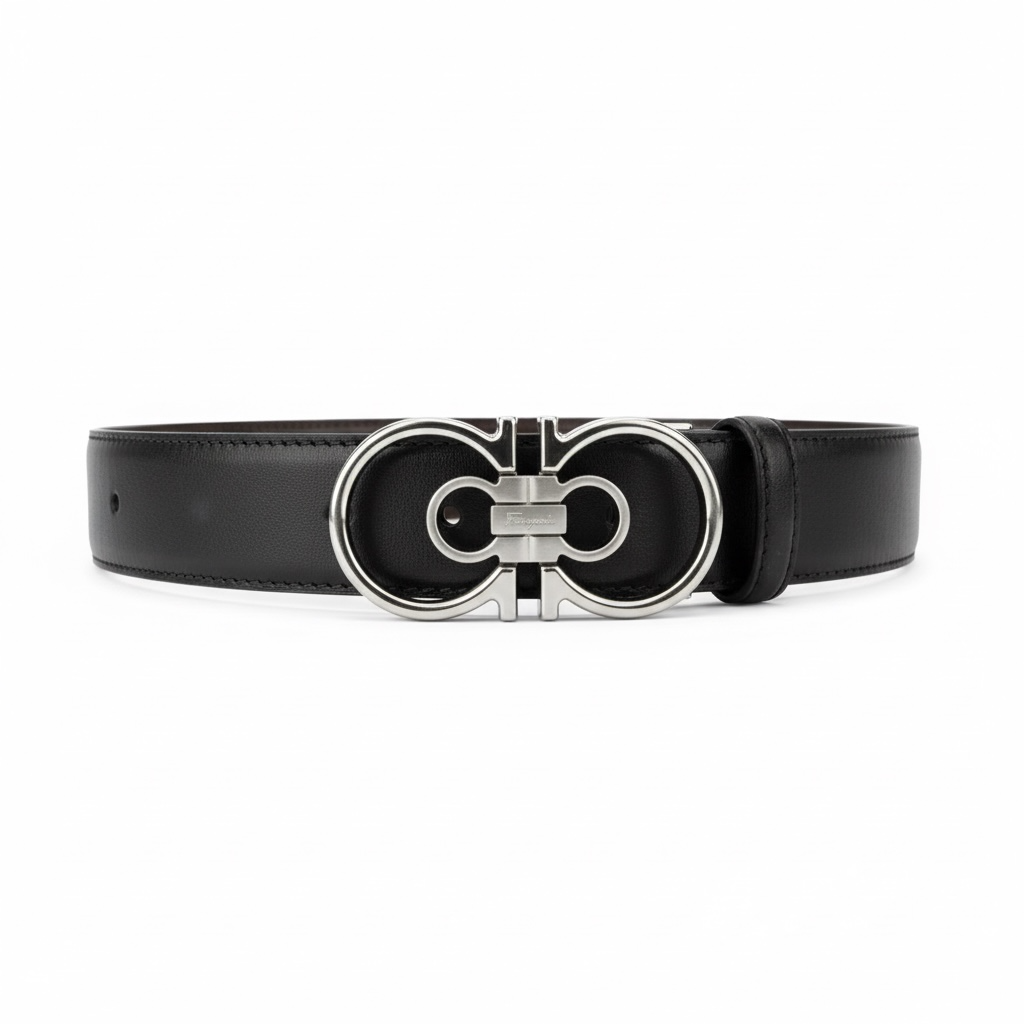 Salvatore Ferragamo Double Gancini Leather Belt 130cm 🔥 | Black Silver Icon