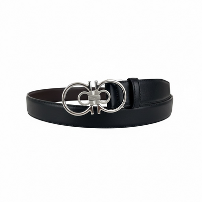 Salvatore Ferragamo Double Gancini Leather Belt 130cm 🔥 | Black Silver Icon
