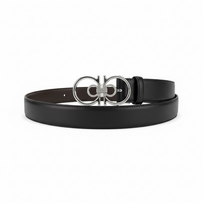 Salvatore Ferragamo Double Gancini Leather Belt 130cm 🔥 | Black Silver Icon