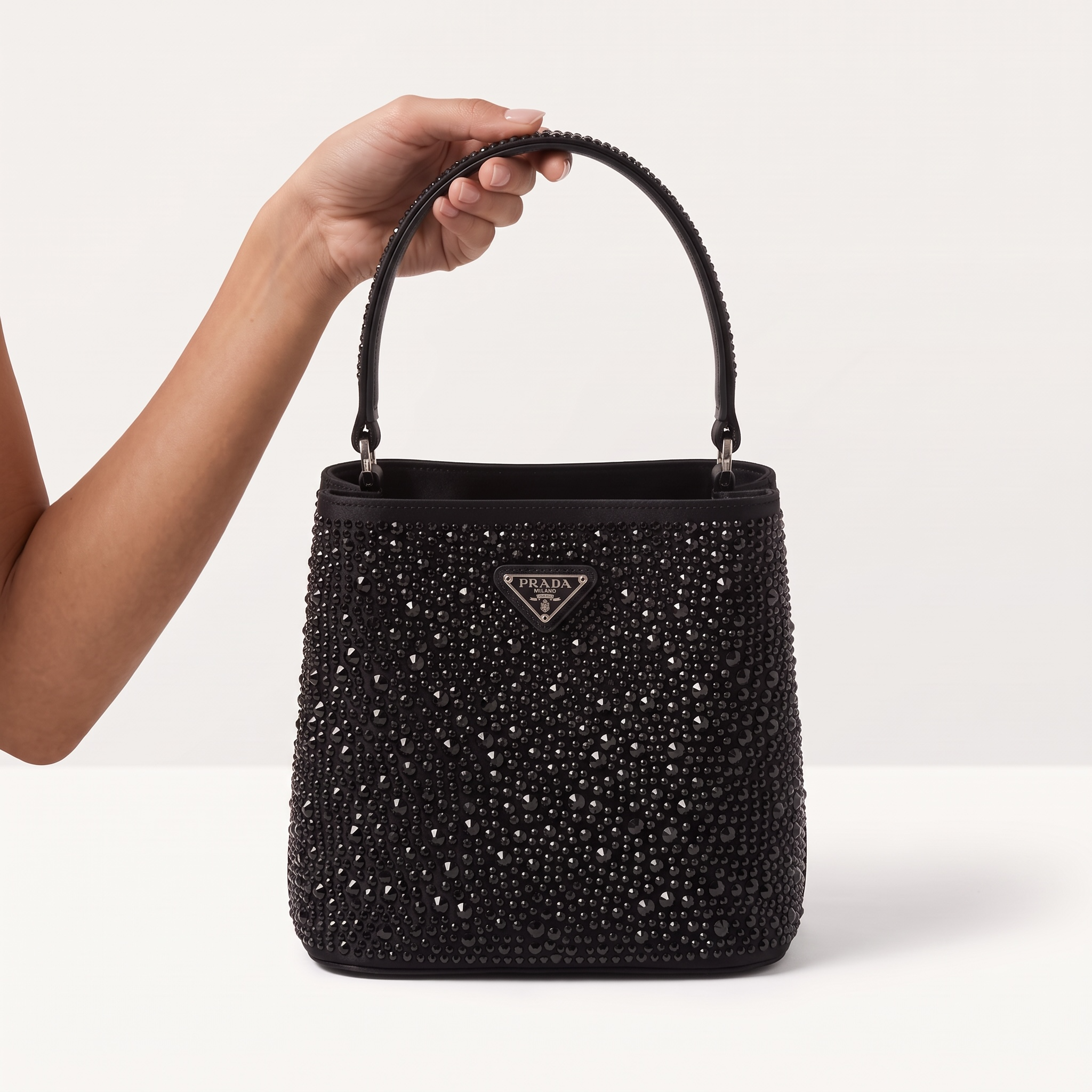 Prada Crystal Bucket Bag – Black Luxe ✨🖤