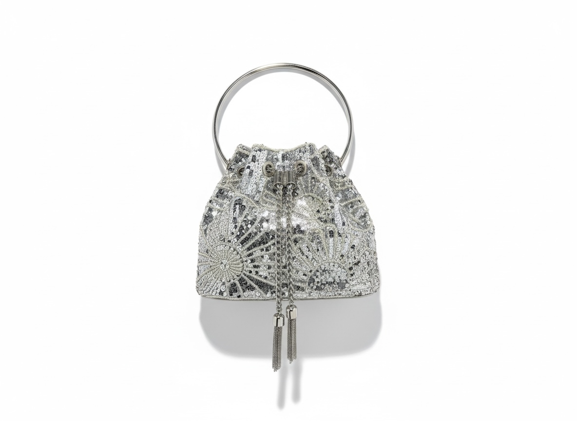 Luxury Silver Beaded Bucket Bag ✨🤍 | Gold Handle Evening Glam