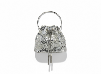 Luxury Silver Beaded Bucket Bag ✨🤍 | Gold Handle Evening Glam