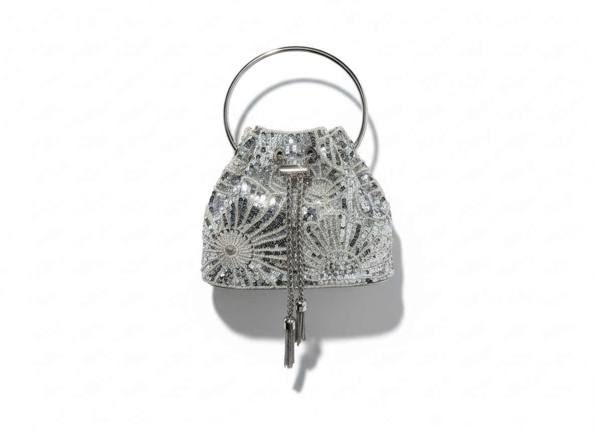 Luxury Silver Beaded Bucket Bag ✨🤍 | Gold Handle Evening Glam
