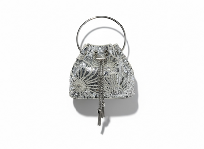 Luxury Silver Beaded Bucket Bag ✨🤍 | Gold Handle Evening Glam
