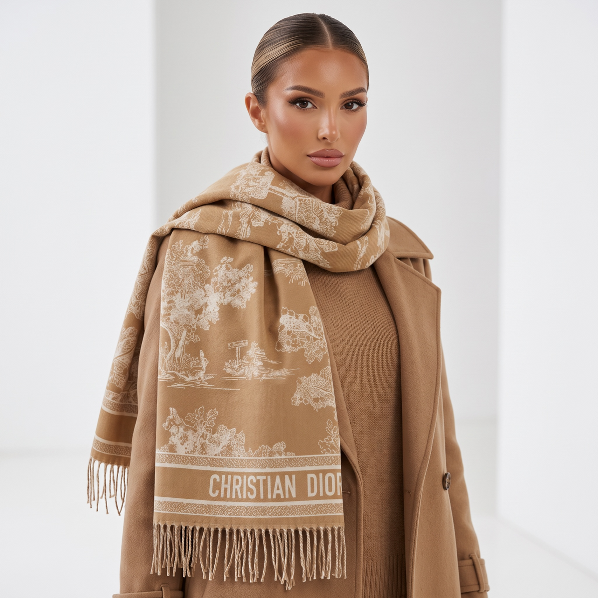 Christian Dior Camel & Ivory Patterned Scarf | Luxury Fringe Winter Shawl 🤎✨