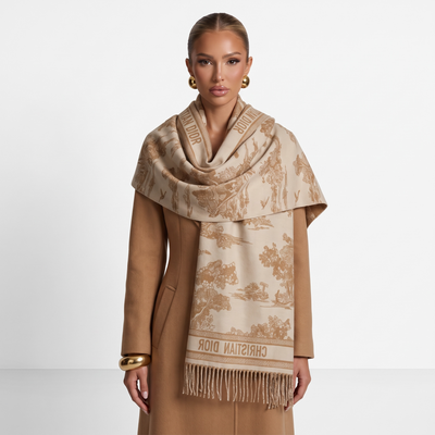 Christian Dior Camel & Ivory Patterned Scarf | Luxury Fringe Winter Shawl 🤎✨