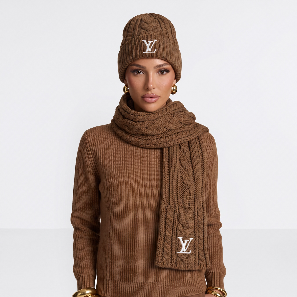 🤎 Louis Vuitton Cable Knit Beanie & Scarf Set – Timeless Winter Luxury ❄️