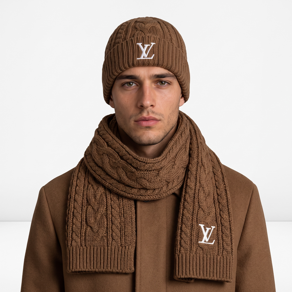 🤎 Louis Vuitton Cable Knit Beanie & Scarf Set – Timeless Winter Luxury ❄️