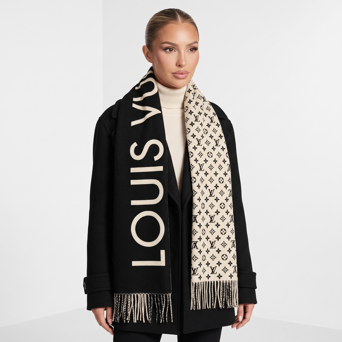 Louis Vuitton Black Logo Scarf with Fringe Luxury Winter Shawl 🖤✨
