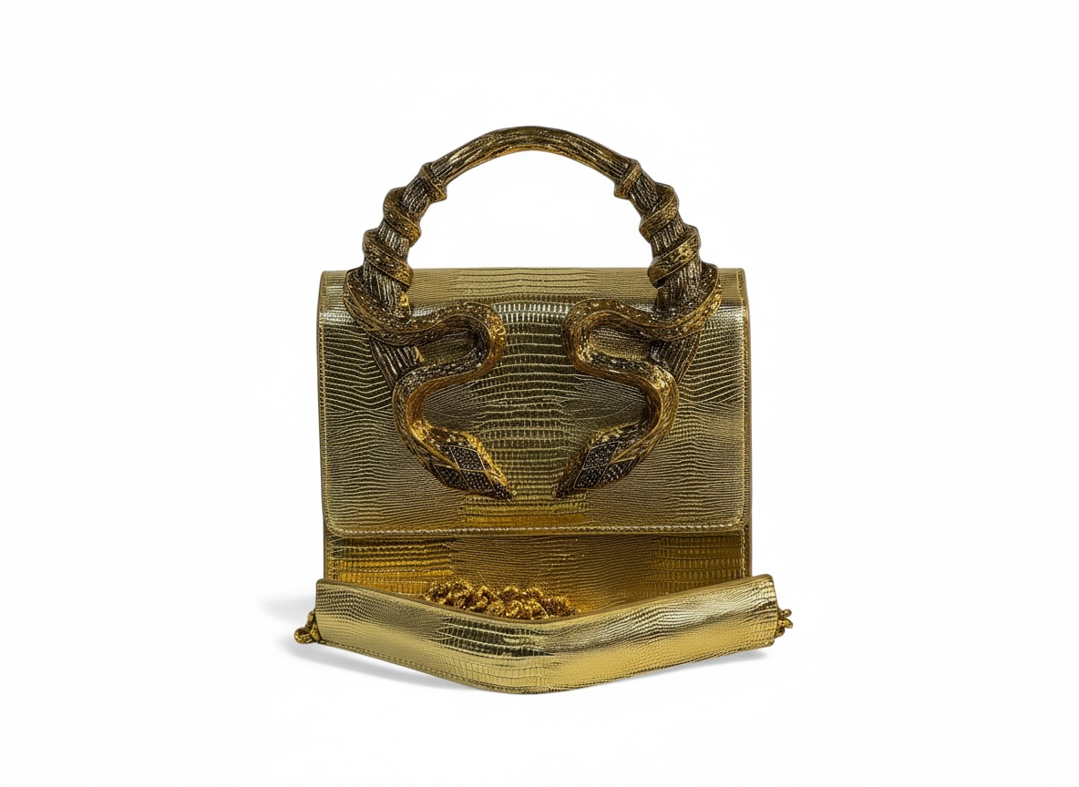 Roberto Cavalli Gold Lizard-Effect Bag with Sculpted Snake Handle 🐍✨ | Daring Luxury & Italian Glamour