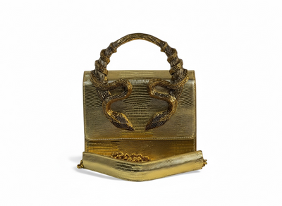 Roberto Cavalli Gold Lizard-Effect Bag with Sculpted Snake Handle 🐍✨ | Daring Luxury & Italian Glamour
