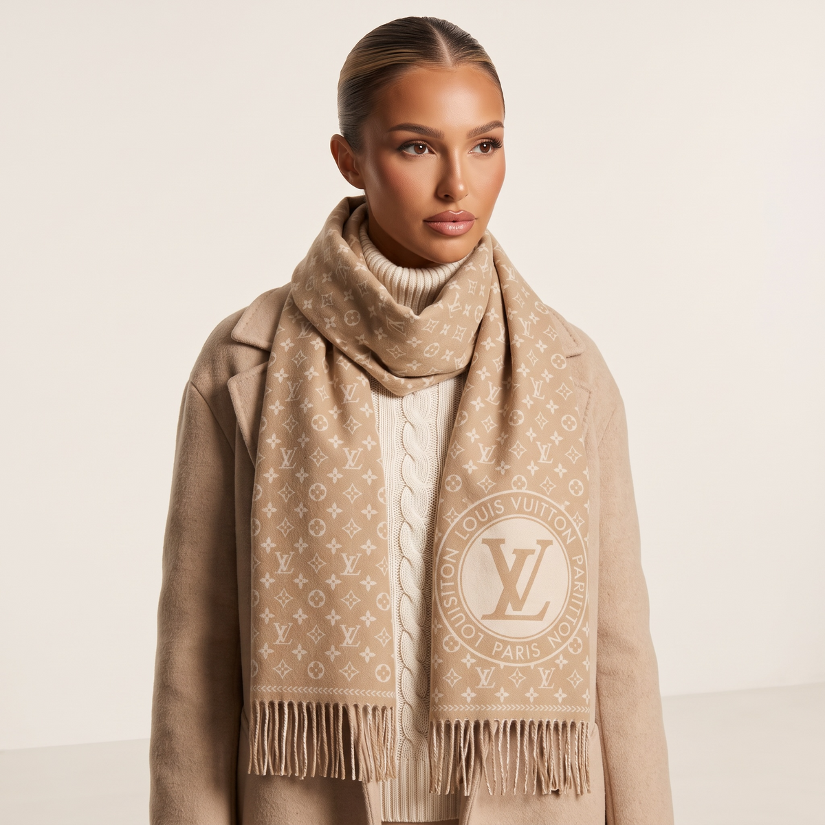 Louis Vuitton Monogram Circle Cashmere Blend Scarf Beige Elegant Style