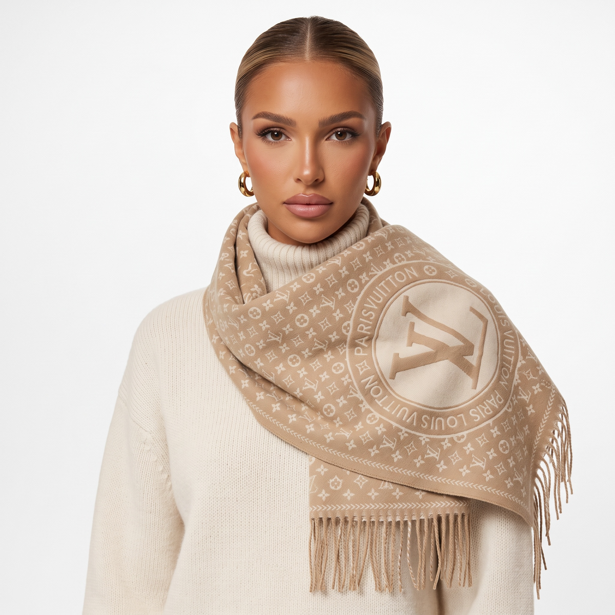 Louis Vuitton Monogram Circle Cashmere Blend Scarf Beige Elegant Style