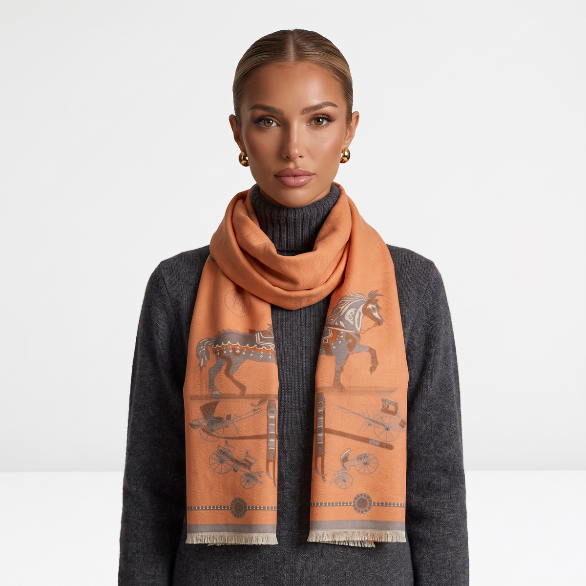 🧣 Hermès Paris Signature Scarf – Grey & Orange Luxury Statement ✨