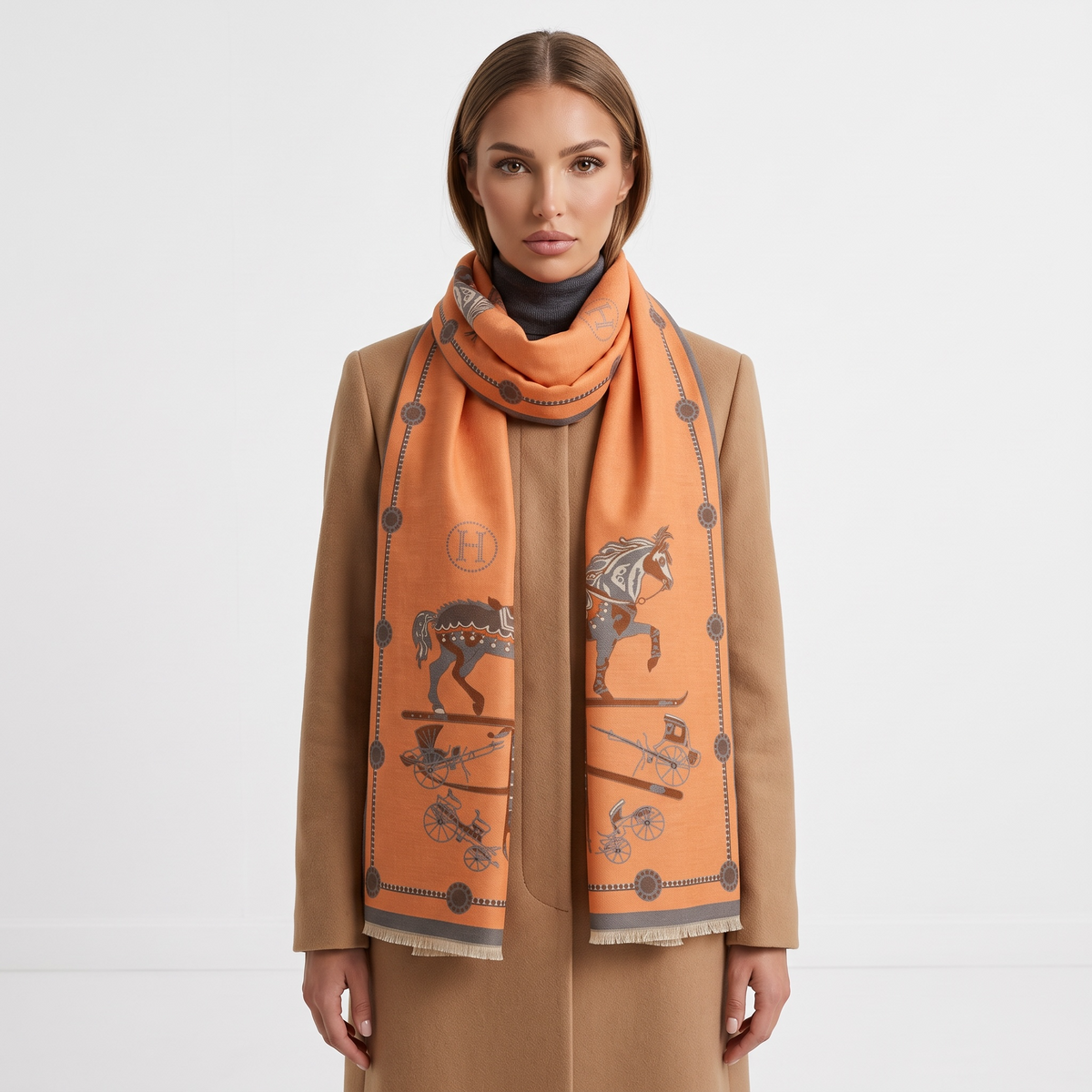 🧣 Hermès Paris Signature Scarf – Grey & Orange Luxury Statement ✨