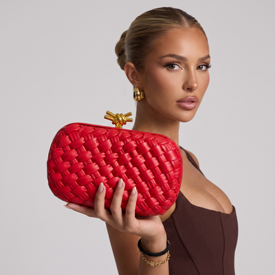 Bottega Veneta Intrecciato Knot Clutch – Bold Red ❤️✨