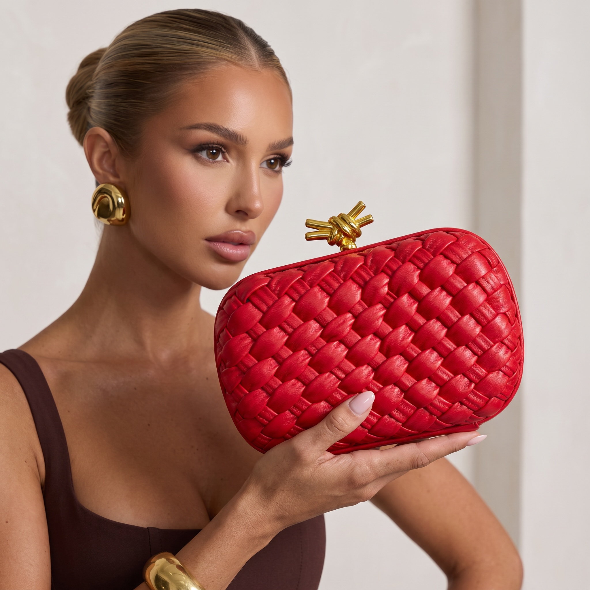 Bottega Veneta Intrecciato Knot Clutch – Bold Red ❤️✨