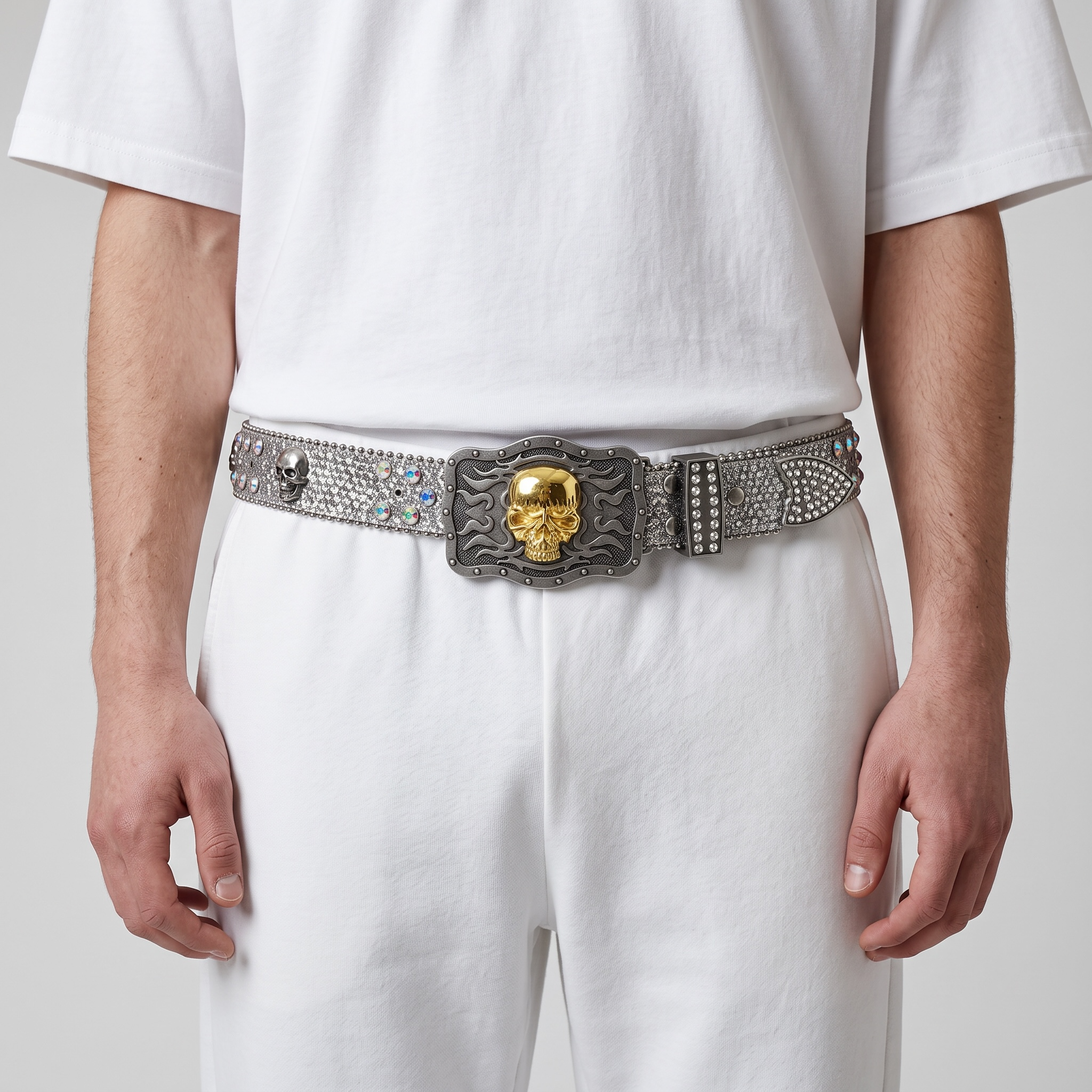 💀✨ Golden Skull Crystal Belt – Iced Silver Edition 🔥💎