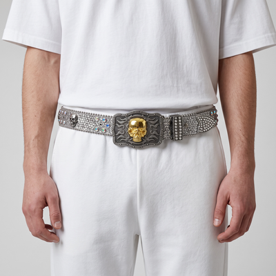 💀✨ Golden Skull Crystal Belt – Iced Silver Edition 🔥💎