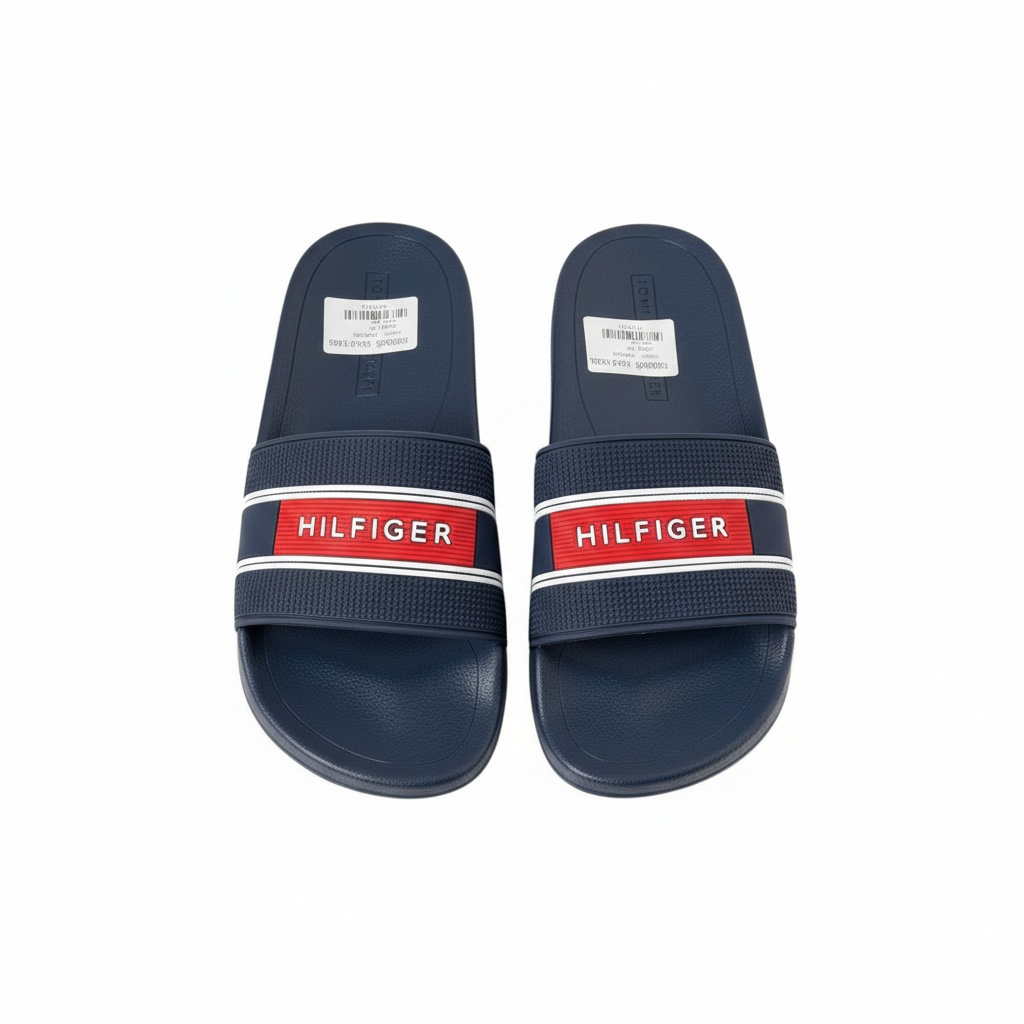 Tommy Hilfiger Navy Slides – Red Logo Strap | Classic Comfort 🇺🇸💙🔥