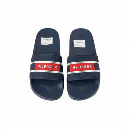Tommy Hilfiger Navy Slides – Red Logo Strap | Classic Comfort 🇺🇸💙🔥