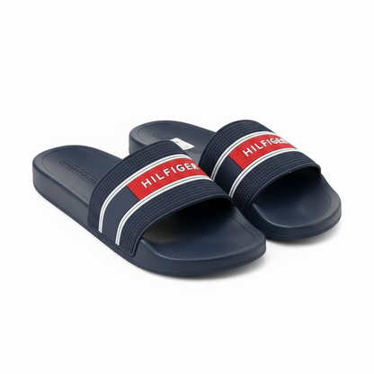 Tommy Hilfiger Navy Slides – Red Logo Strap | Classic Comfort 🇺🇸💙🔥