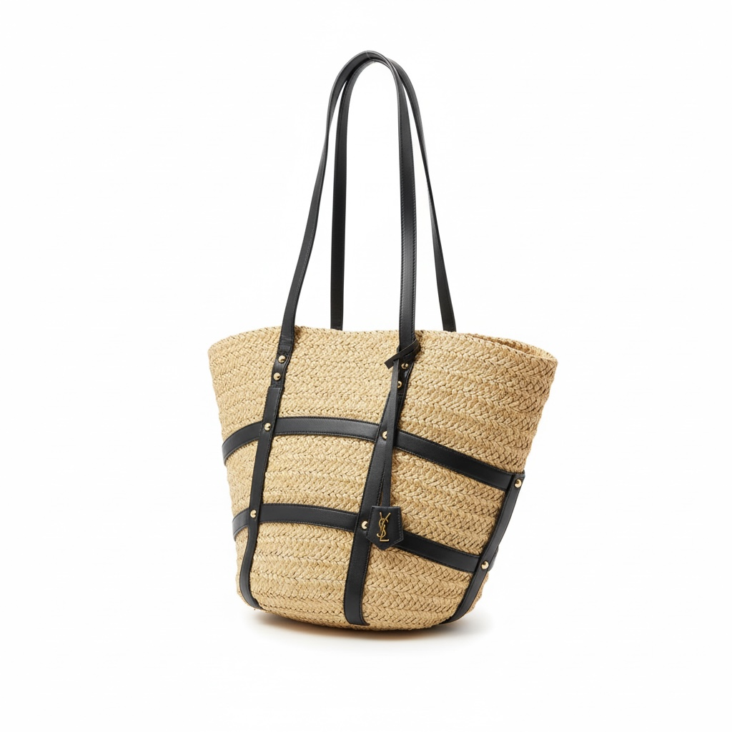 Saint Laurent Panier Raffia Tote with Black Leather Straps 🌾🖤 | YSL Summer Statement Bag ✨