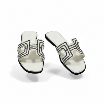 Hermès H-Style Glitter Slippers – Elegant White Designer Flats with Box