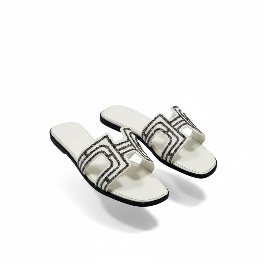 Hermès H-Style Glitter Slippers – Elegant White Designer Flats with Box ✨