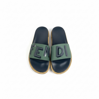 🟢 Fendi Green & Black Logo Slides – Luxury Unisex Sandals