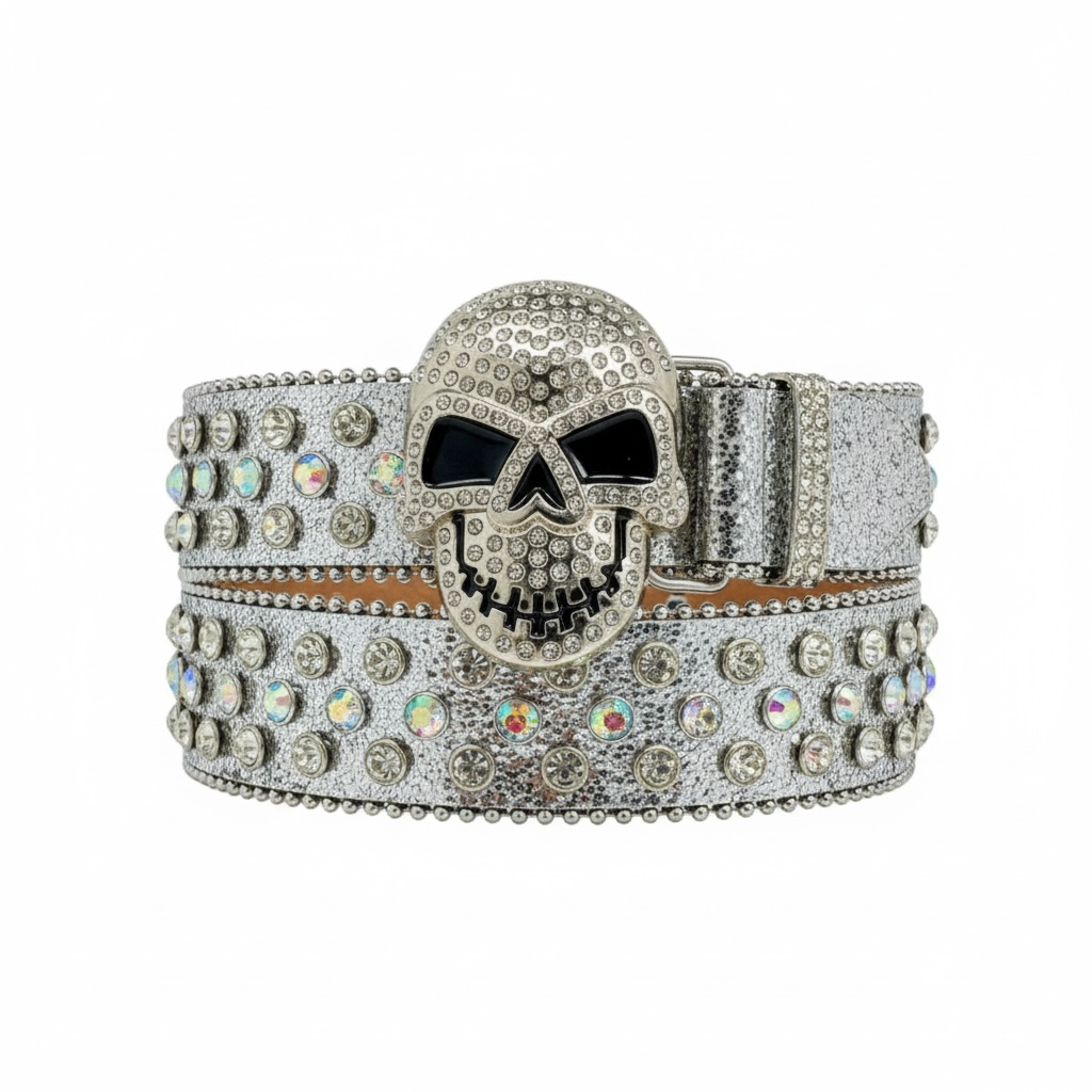 Crystal Skull Silver Studded Belt