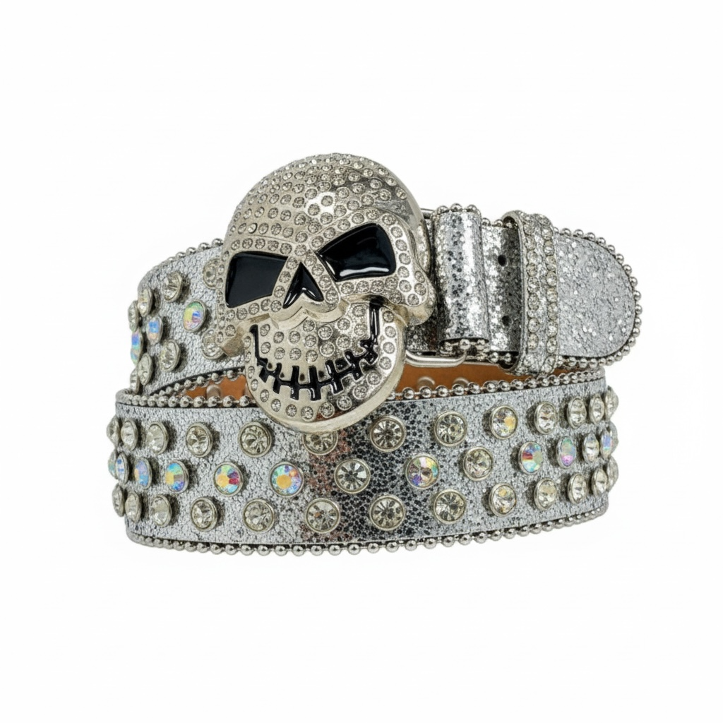 Crystal Skull Silver Studded Belt