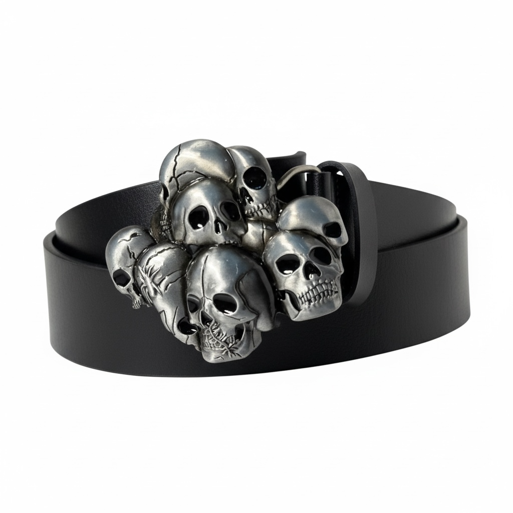 Bold Skull-Design Black Leather Belt