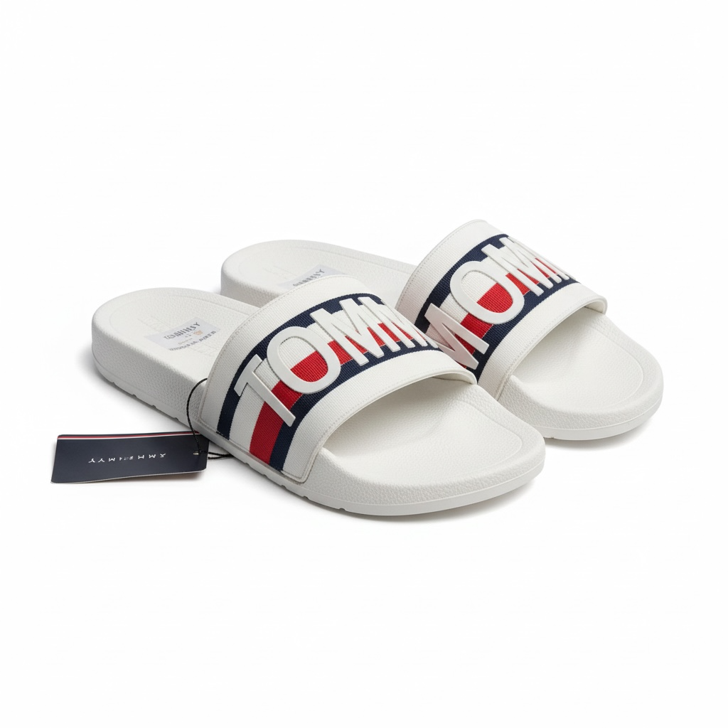 🟥🟦 Tommy Hilfiger White Slides – Bold Logo Design 🇺🇸