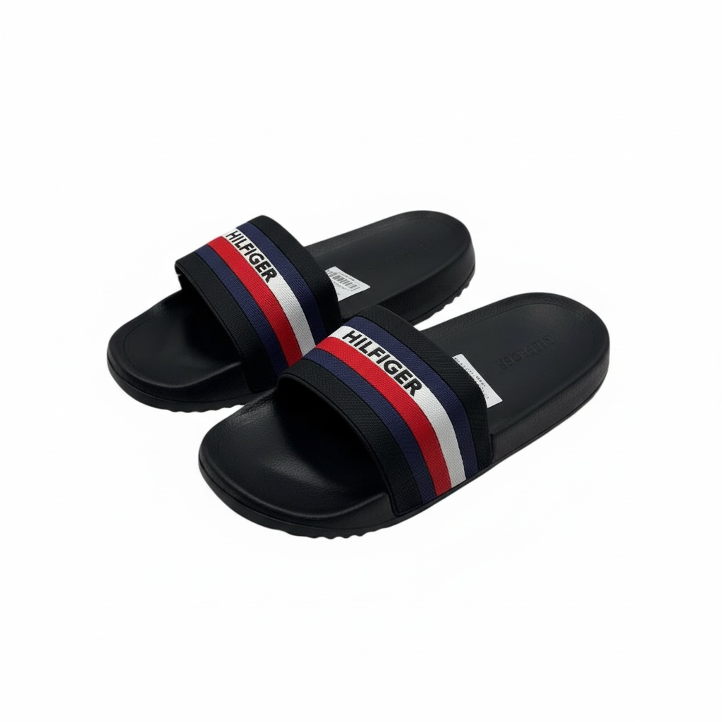 Tommy Hilfiger Black Slides 👟 – Bold Stripes, Timeless Style