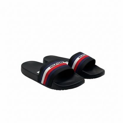 Tommy Hilfiger Black Slides 👟 – Bold Stripes, Timeless Style