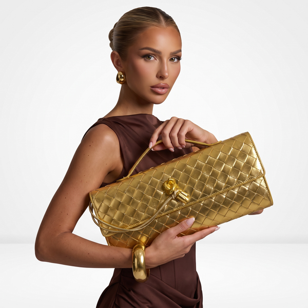 ✨ Bottega Veneta Gold Intrecciato Knot Clutch – Luxury Evening Handbag ✨